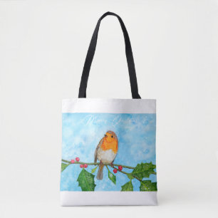 Robin in Snow Christmas Gift Shoulder Tote Bag