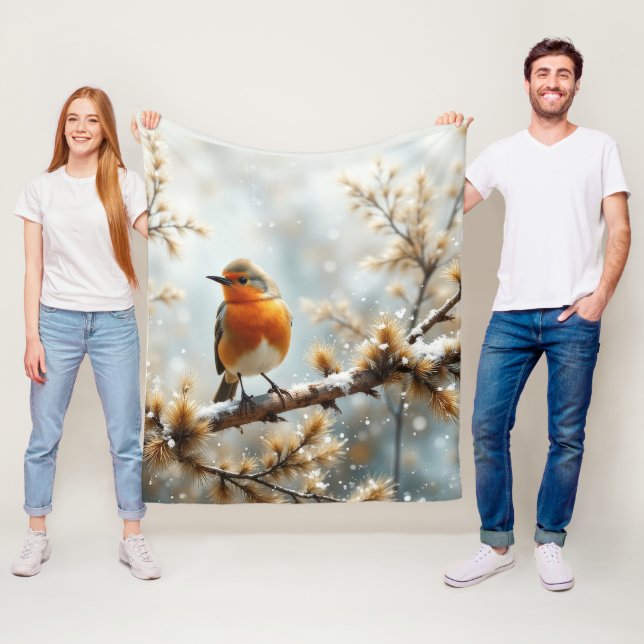 Robin in the snow fleece blanket (In Situ)