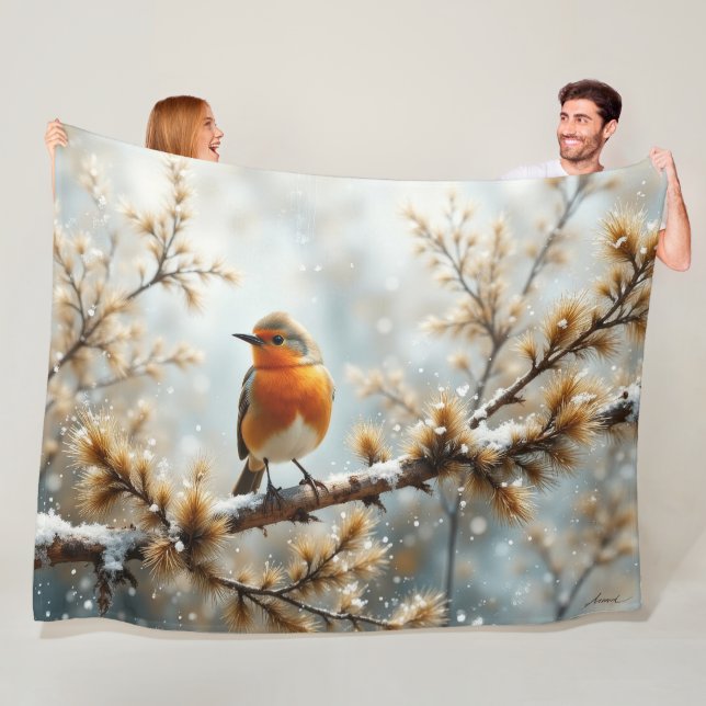 Robin in the snow fleece blanket (In Situ)