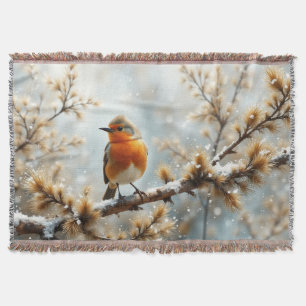 Robin in the snow throw blanket