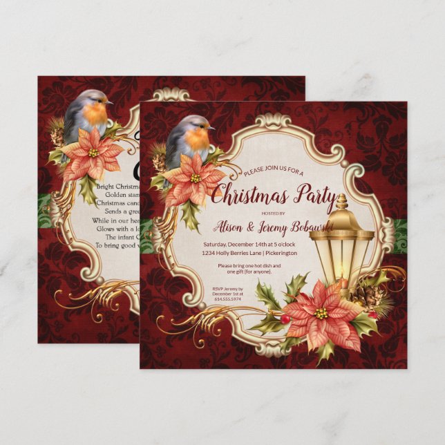 Robin & Lantern Christmas Party Invitation (Front/Back)