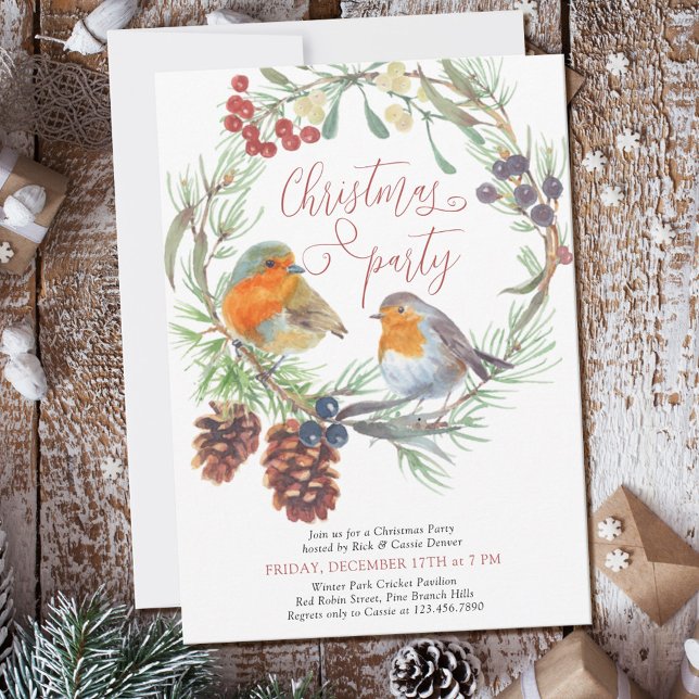 Robin Mistletoe and Pine Wreath Christmas Party In Invitation (Creator Uploaded)
