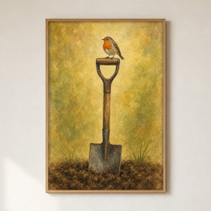 Robin on a Garden Spade Watercolour Poster