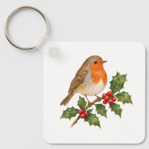 Robin on a Holly Sprig Key Ring