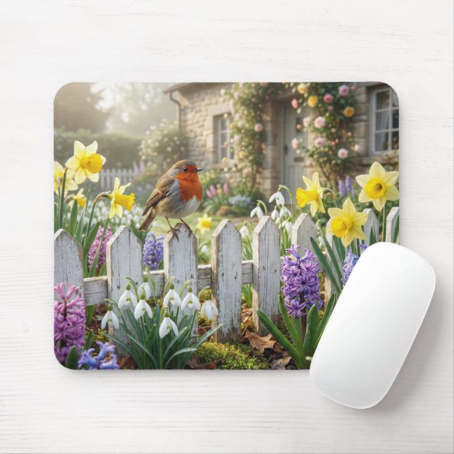 Robin On a Spring Garden Picket Fence Mouse Mat (With Mouse)