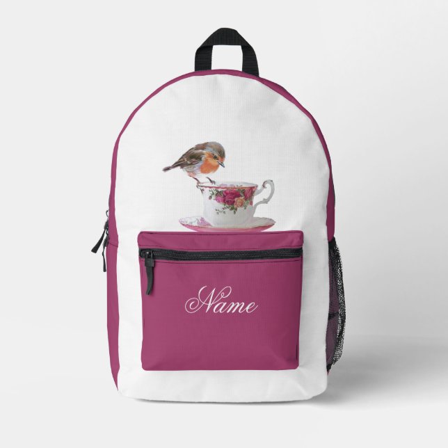 Robin on a Tea Cup Printed Backpack (Front)