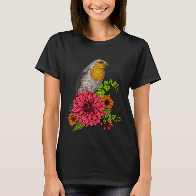 Robin on bouquet of flowers T-Shirt (Front)