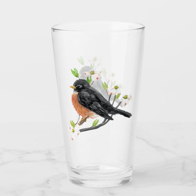 Robin on Dogwood Glass Tumbler (Front)