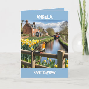 Robin on garden fence, canal, barge. Editable Holiday Card