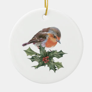 Robin on Holly  Ceramic Tree Decoration