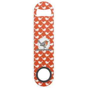 Robin on Orange White Bird Pattern - Merry Xmas