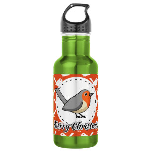Robin on Orange White Bird Pattern - Merry Xmas 532 Ml Water Bottle