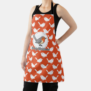 Robin on Orange White Bird Pattern - Merry Xmas Apron