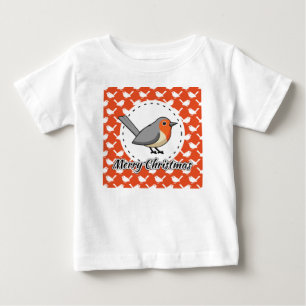 Robin on Orange White Bird Pattern - Merry Xmas Baby T-Shirt