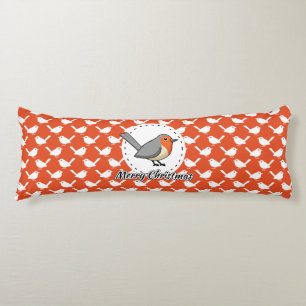 Robin on Orange White Bird Pattern - Merry Xmas Body Cushion