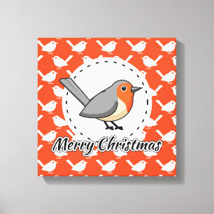 Robin on Orange White Bird Pattern - Merry Xmas Canvas Print