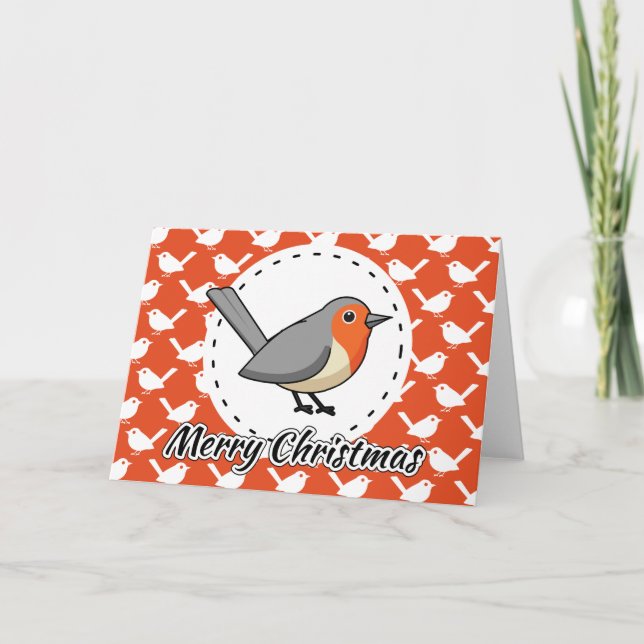 Robin on Orange White Bird Pattern - Merry Xmas Card (Front)