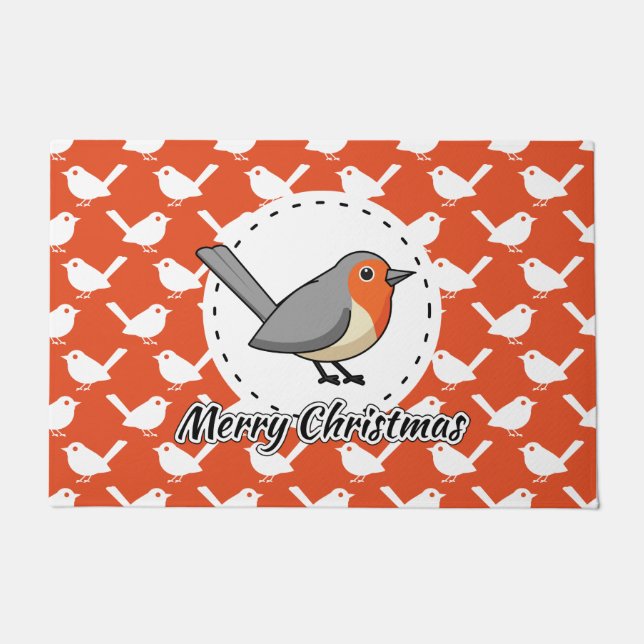 Robin on Orange White Bird Pattern - Merry Xmas Doormat (Front)