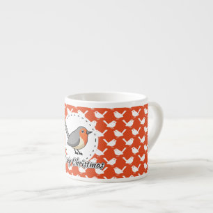 Robin on Orange White Bird Pattern - Merry Xmas Espresso Cup
