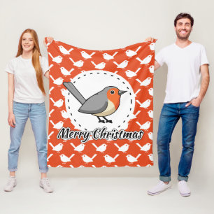 Robin on Orange White Bird Pattern - Merry Xmas Fleece Blanket