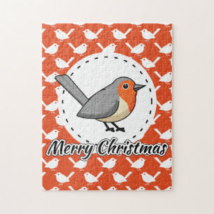Robin on Orange White Bird Pattern - Merry Xmas Jigsaw Puzzle