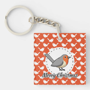 Robin on Orange White Bird Pattern - Merry Xmas Key Ring