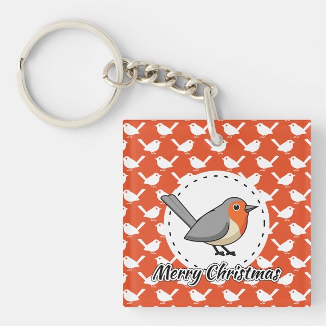 Robin on Orange White Bird Pattern - Merry Xmas Key Ring (Front)