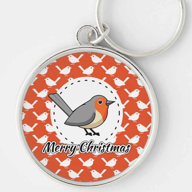 Robin on Orange White Bird Pattern - Merry Xmas Key Ring (Front)