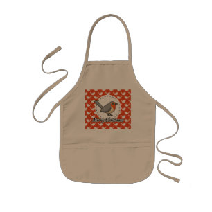 Robin on Orange White Bird Pattern - Merry Xmas Kids Apron