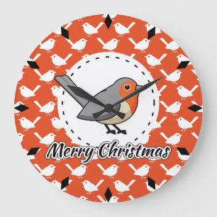 Robin on Orange White Bird Pattern - Merry Xmas Large Clock