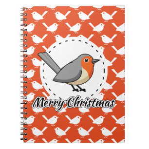 Robin on Orange White Bird Pattern - Merry Xmas Notebook