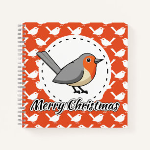 Robin on Orange White Bird Pattern - Merry Xmas Notebook