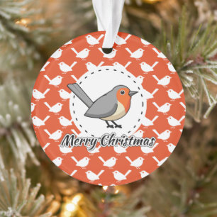Robin on Orange White Bird Pattern - Merry Xmas Ornament