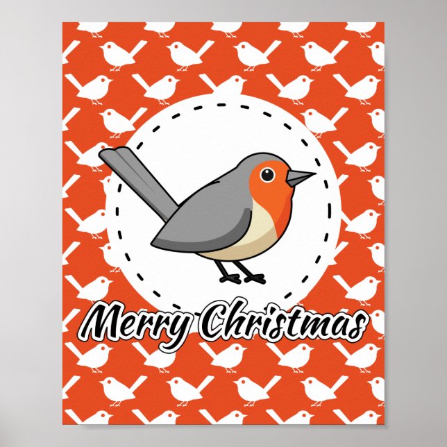 Robin on Orange White Bird Pattern - Merry Xmas Poster (Front)