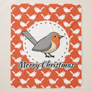 Robin on Orange White Bird Pattern - Merry Xmas Sherpa Blanket