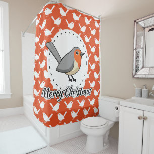 Robin on Orange White Bird Pattern - Merry Xmas Shower Curtain
