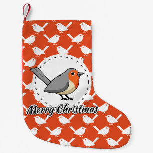Robin on Orange White Bird Pattern - Merry Xmas Small Christmas Stocking