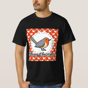 Robin on Orange White Bird Pattern - Merry Xmas T-Shirt