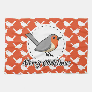 Robin on Orange White Bird Pattern - Merry Xmas Tea Towel