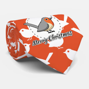 Robin on Orange White Bird Pattern - Merry Xmas Tie