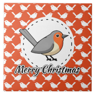 Robin on Orange White Bird Pattern - Merry Xmas Tile