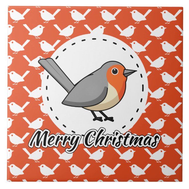 Robin on Orange White Bird Pattern - Merry Xmas Tile (Front)