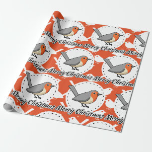 Robin on Orange White Bird Pattern - Merry Xmas Wrapping Paper
