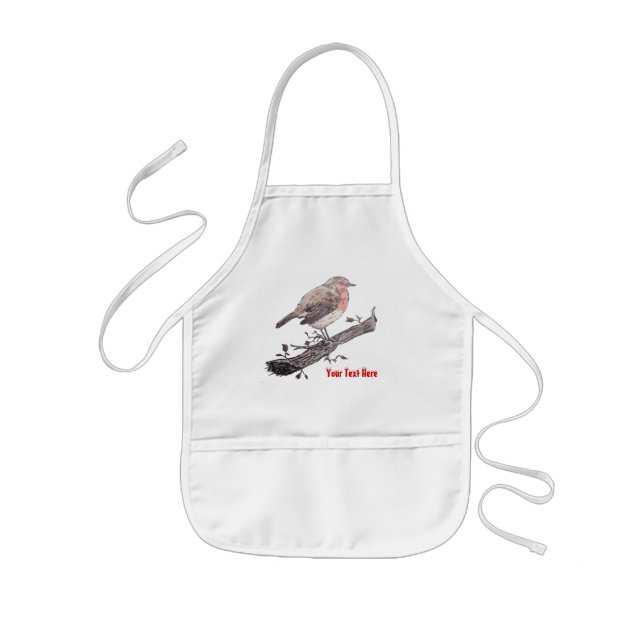 Robin perched on ivy leaf wild bird kids apron (Front)