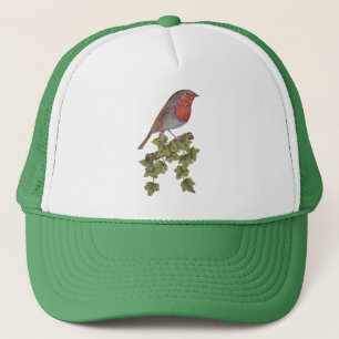 Robin perched on ivy leaf wild bird trucker hat