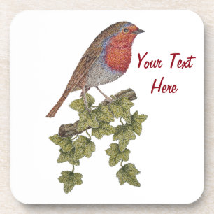 Robin perched on ivy leaf wild birds coaster