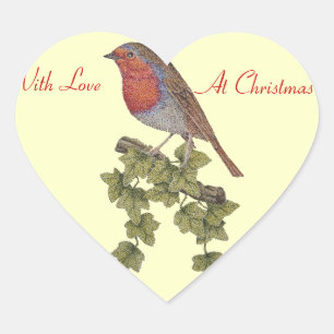 Robin perched on ivy leaf wild birds heart sticker