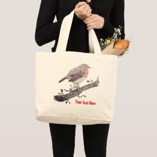 Robin perched on ivy leaf wild birds large tote bag
