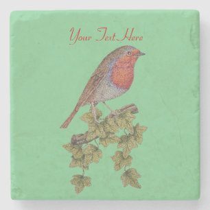 Robin perched on ivy leaf wild birds stone coaster