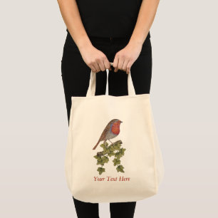 Robin perched on ivy leafs wild birds tote bag